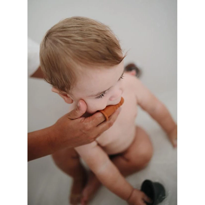 Mushie Finger Toothbrush - Cambridge Blue/Shifting Sand - Image 3